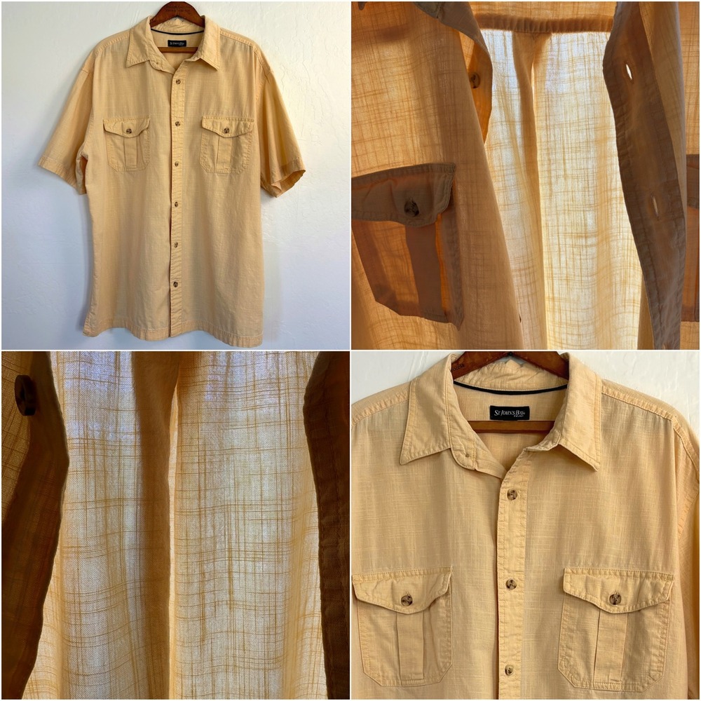 Vtg St John's Bay Butter Yellow Open Weave Cotton Utility Shirt Summer Workwear